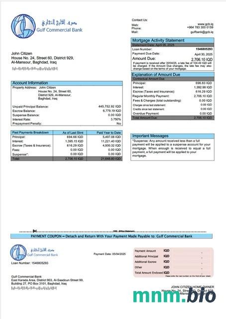Irak Zatoka Bank Handlowy wyciąg z kredytu hipotecznego szablon Word i PDF